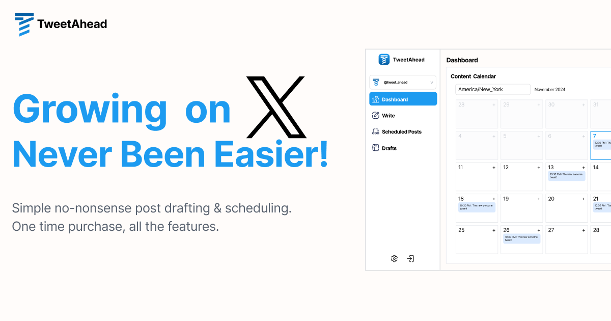 "Schedule your tweets with ease, save money, and grow your X account consistently with TweetAhead."